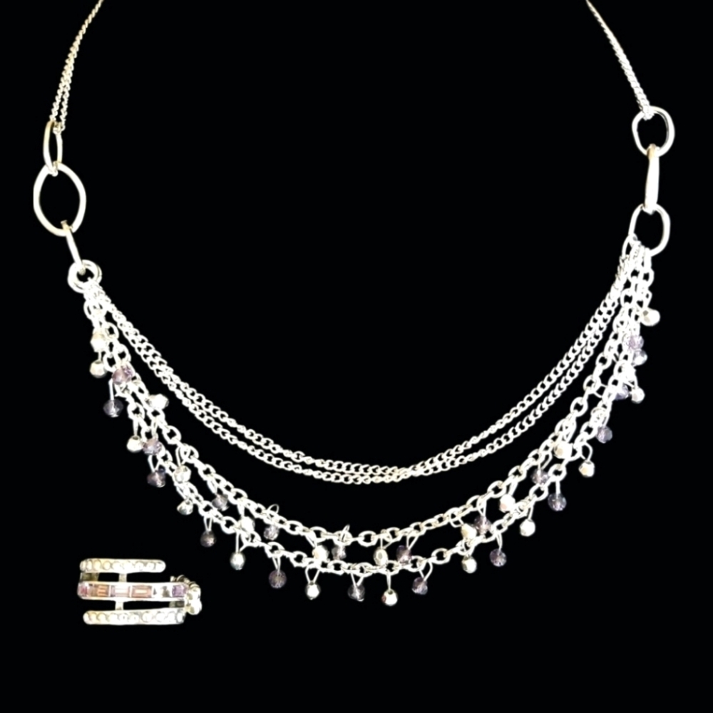 NWT Set of Necklace with earrings, cuff bracelet & stretchable ring with purple
